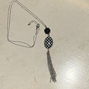Black White & Silver-Tone Fringe & Bead Necklace